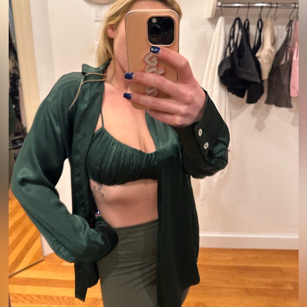 A silk emerald crop top/bralette and button down set in medium. Never worn!